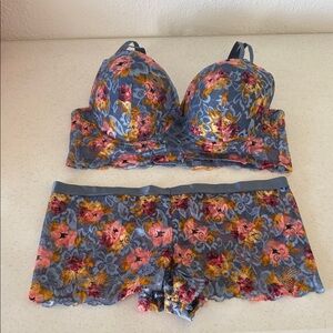 Lace Floral Bralette & Boyshort Set - Blue Multi
